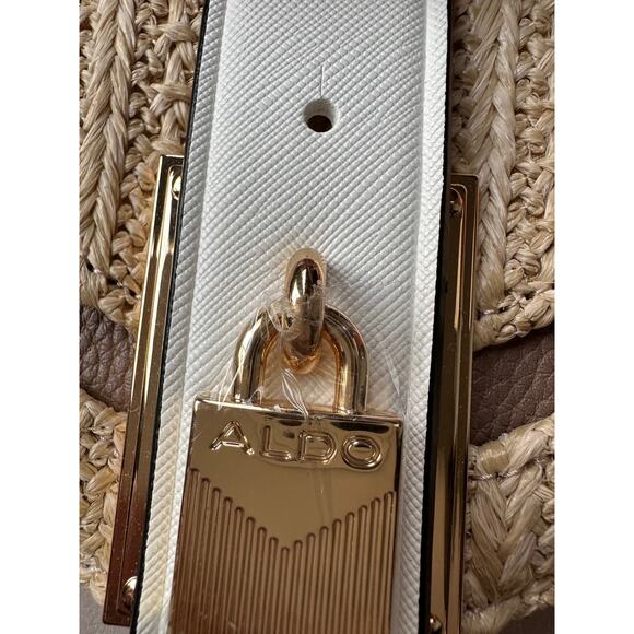 ALDO Satchel Beige & Taupe Straw Flap Bag with Melon Pink Twilly - Picture 8 of 9